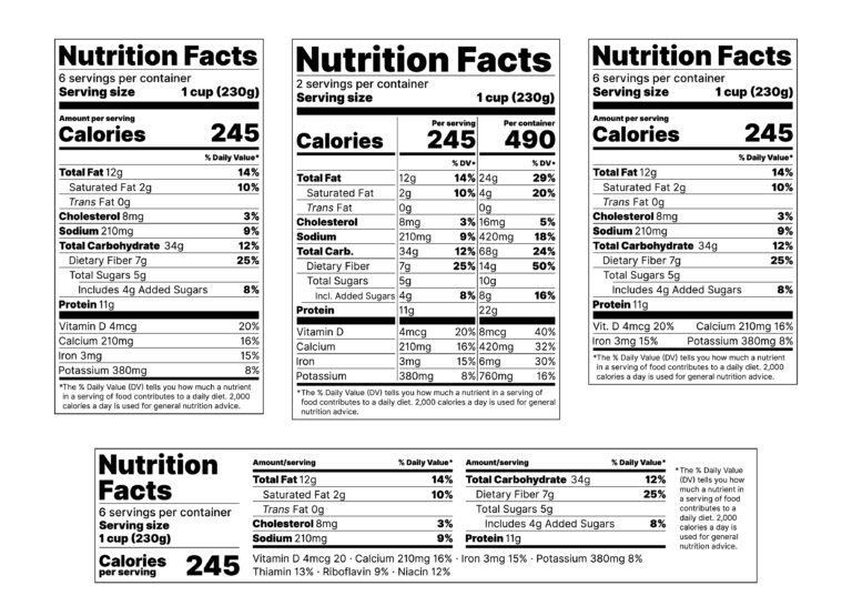 Varias tablas de información nutricional en inglés mostrando valores de calorías, grasas, carbohidratos, proteínas y micronutrientes por porción y por envase.