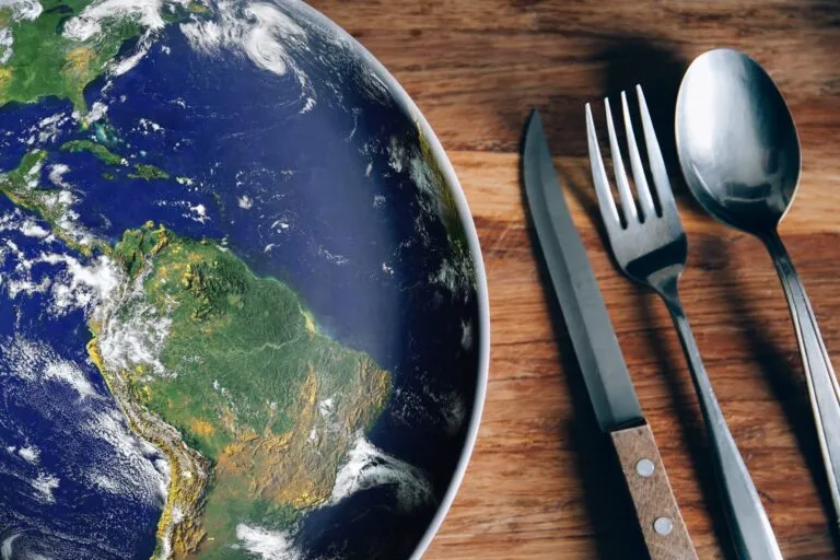 Un plato con la imagen de la Tierra junto a cubiertos sobre mesa de madera, simbolizando la nutrición mundial y el trabajo de la Organización Panamericana de la Salud en seguridad alimentaria.