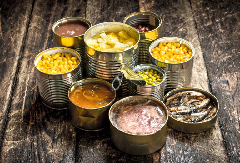 Latas abiertas con verduras, frutas, legumbres, pescado y carne, ejemplo de alimentos envasados y procesados que pueden contener químicos invisibles que afectan la salud.
