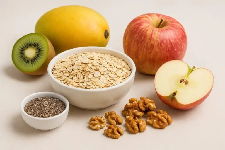 Alimentos ricos en fibra dietética como avena, frutas y semillas sobre mesa clara, resaltando sus beneficios digestivos y cardiovasculares