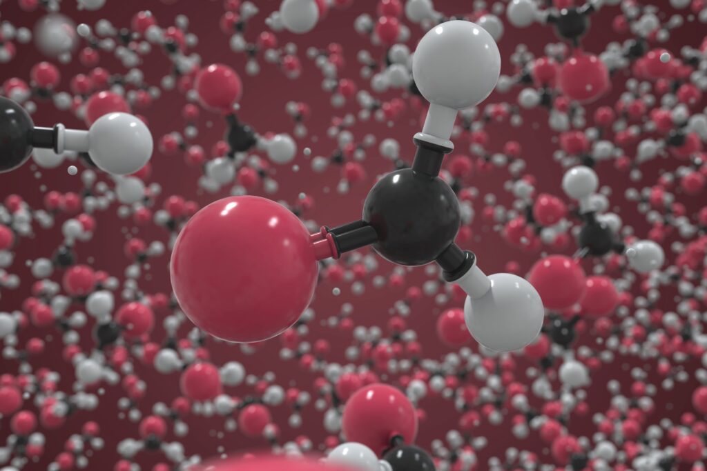 Representación molecular del formaldehído en tres dimensiones, relacionada con resistencia insulínica, memoria y complicaciones de la diabetes.
