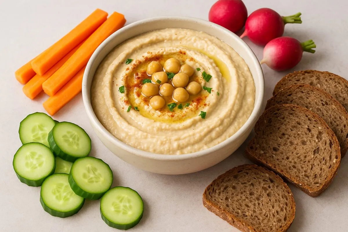 Plato editorial de hummus saludable con vegetales frescos y pan integral, representando nutrición equilibrada y bienestar digestivo.