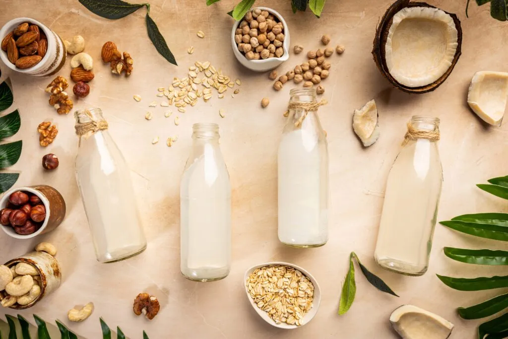Botellas de bebidas vegetales elaboradas con avena, coco y frutos secos, mostrando alternativas vegetales a los lácteos con beneficios de salud y sostenibilidad.