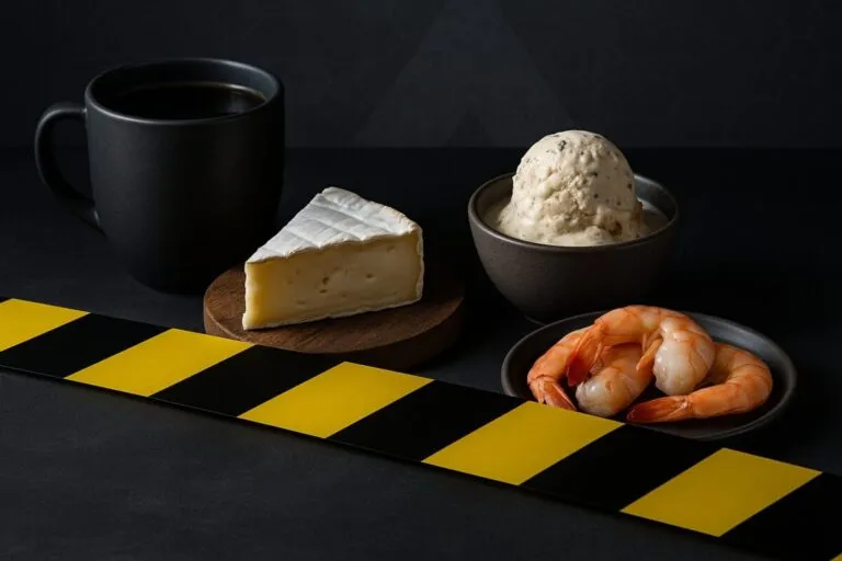 Fotografía editorial de café, queso, helado y camarones sobre mesa oscura que ilustra retiros de alimentos reportados por la FDA en EE UU.