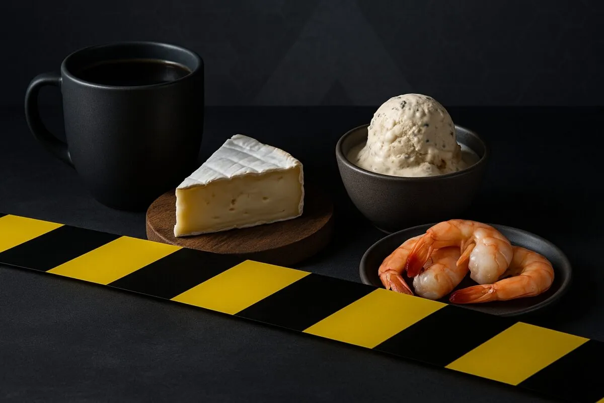 Fotografía editorial de café, queso, helado y camarones sobre mesa oscura que ilustra retiros de alimentos reportados por la FDA en EE UU.