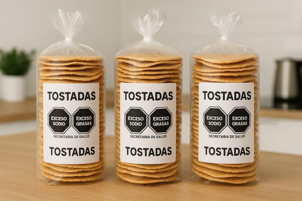 Imagen editorial de tostadas empaquetadas con advertencia de exceso de sodio y grasas