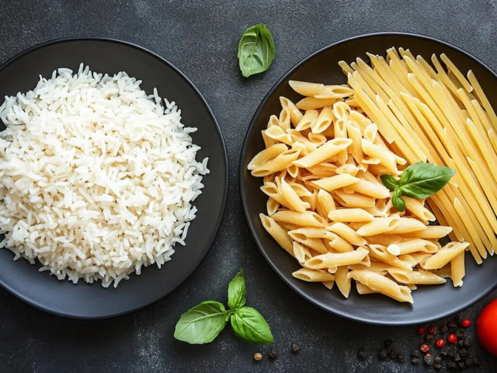 Arroz integral y pasta integral servidos en un plato equilibrado con verduras frescas