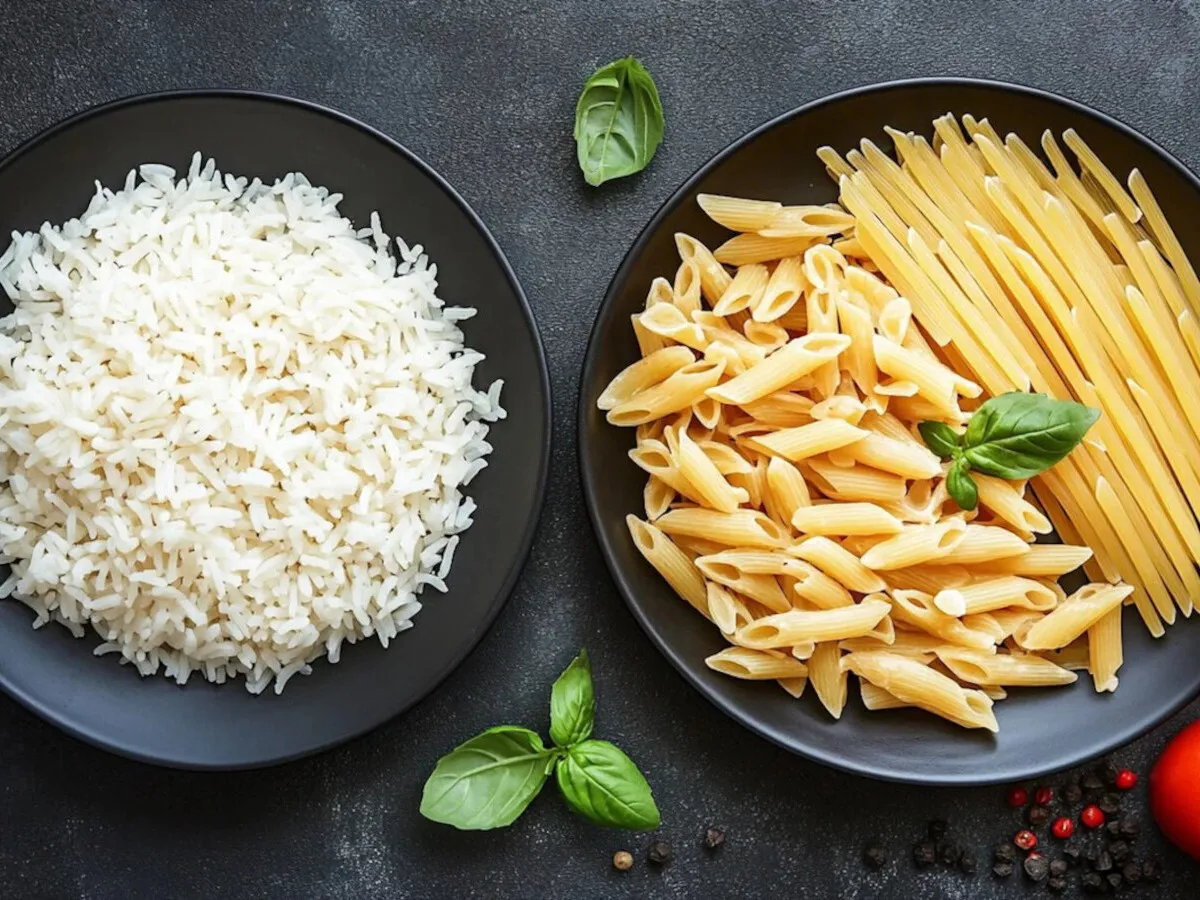 Arroz integral y pasta integral servidos en un plato equilibrado con verduras frescas