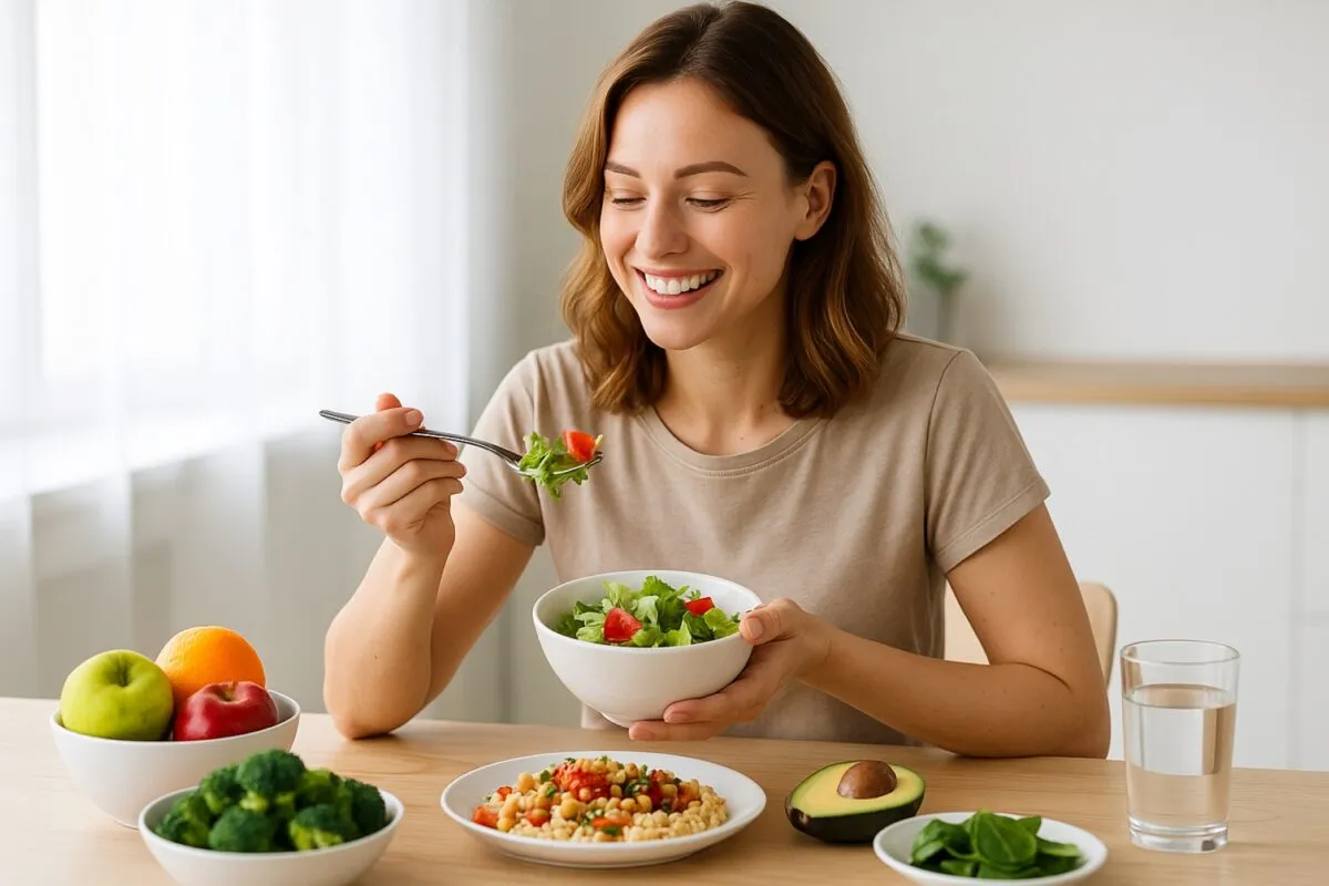 Persona disfrutando de alimentos saludables durante el ayuno intermitente en España