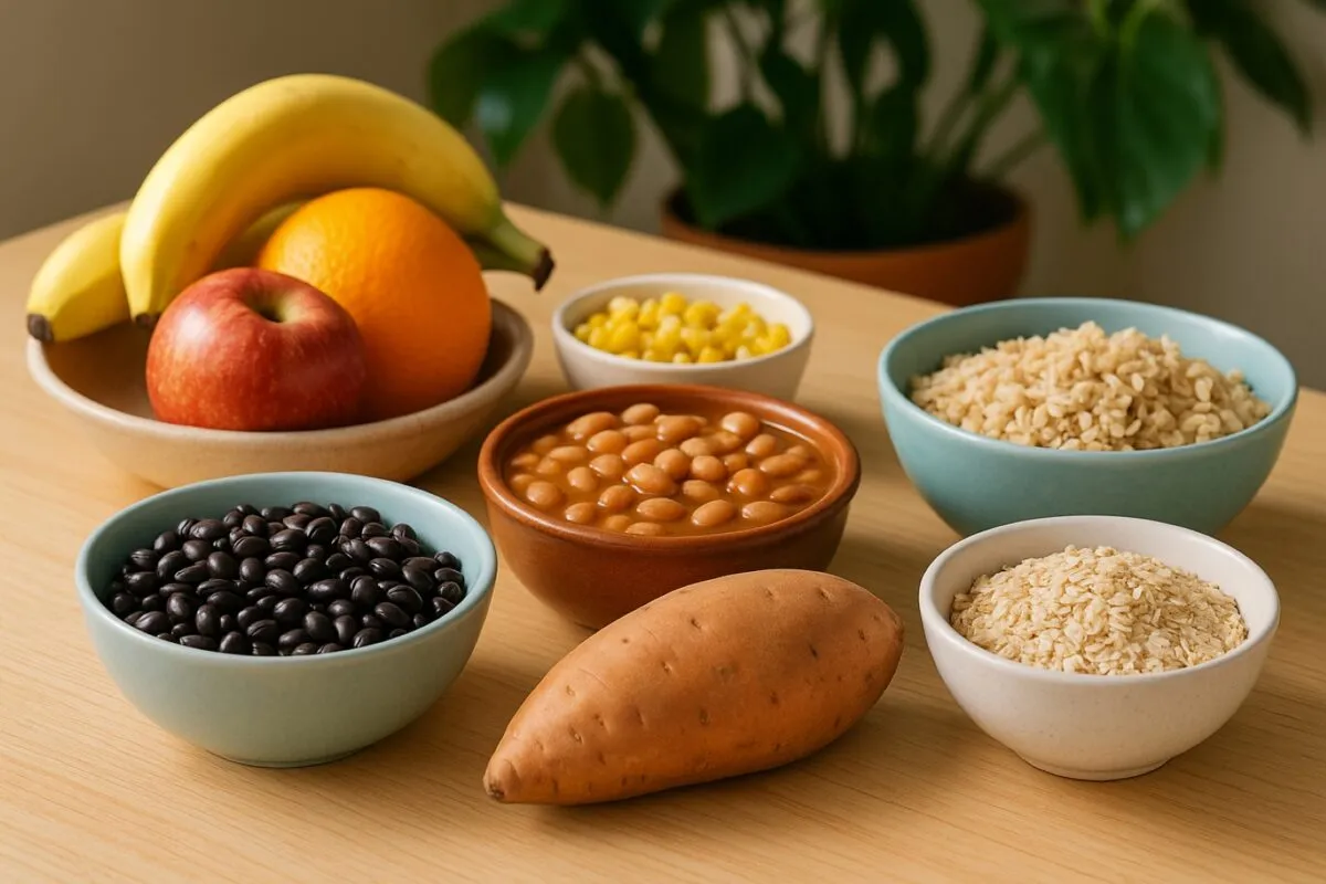 Carbohidratos saludables como frijoles, avena, camote y frutas para mejorar energía y digestión