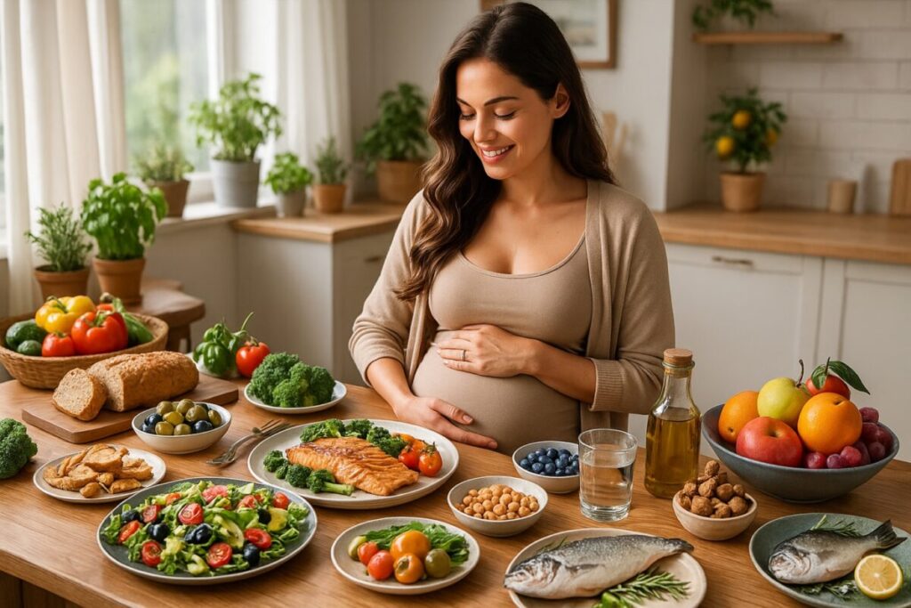 Mujer embarazada en España disfrutando de una comida con alimentos frescos de la dieta mediterránea para mejorar salud materna y del bebé.