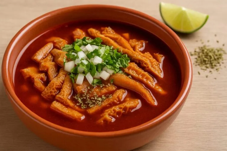 Pancita mexicana en plato hondo con caldo rojo, rica en proteínas y minerales pero con alto contenido de sodio