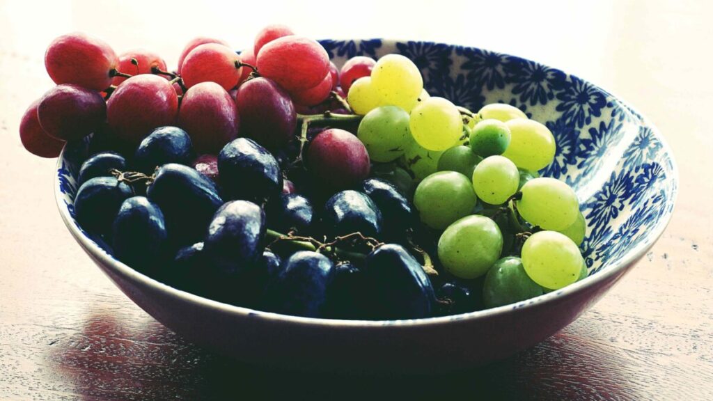 Uvas frescas negras y verdes con piel, fuente de antioxidantes y fibra beneficiosa para la salud cardiovascular e intestinal