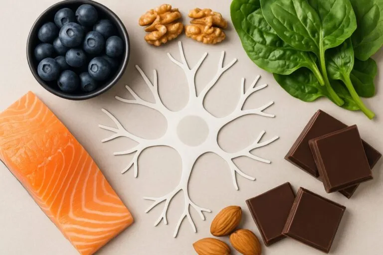 Mesa con alimentos que favorecen las neuronas como salmón, arándanos, nueces y chocolate amargo