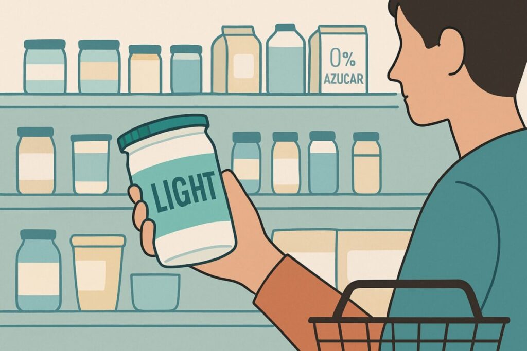 Persona eligiendo un producto “light” en el supermercado