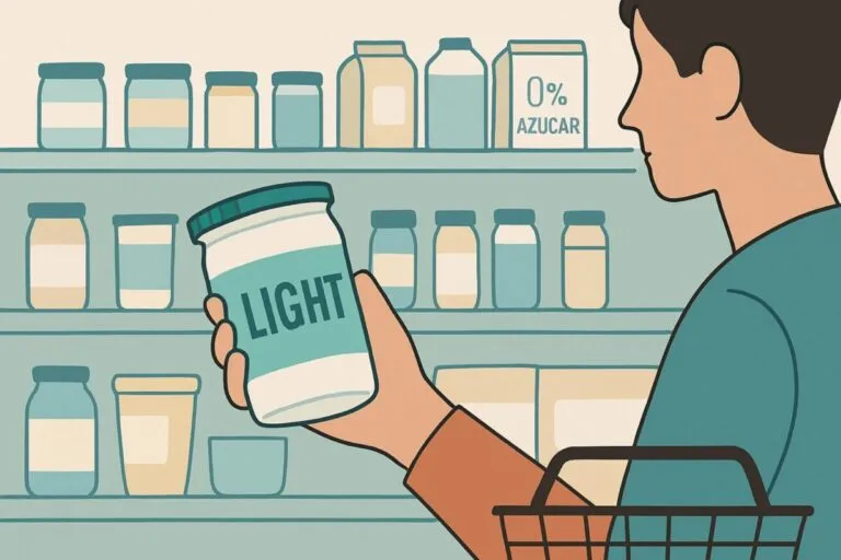 Persona eligiendo un producto “light” en el supermercado