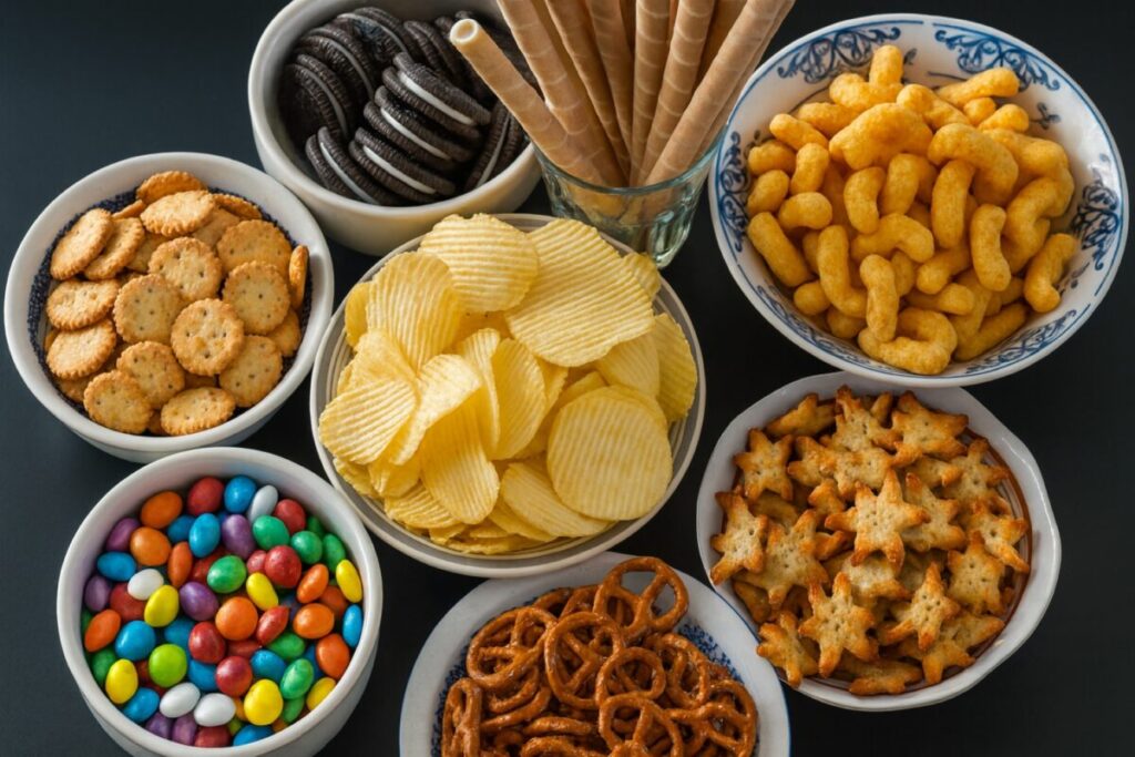 Alimentos procesados como tocino, helados y refrescos en una mesa, representando riesgos para la salud cardiovascular