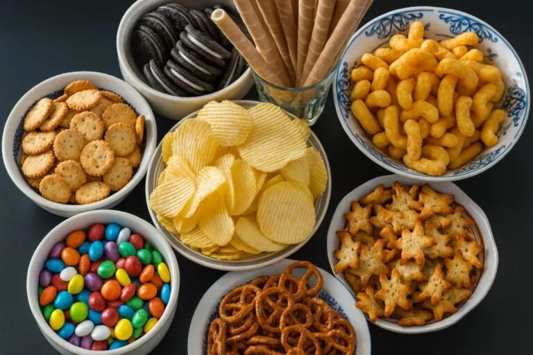 Alimentos procesados como tocino, helados y refrescos en una mesa, representando riesgos para la salud cardiovascular