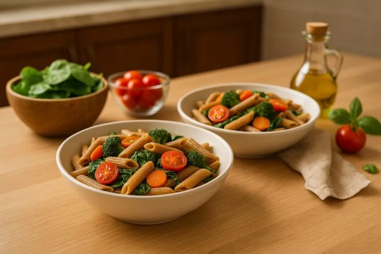 Platos de pasta integral con vegetales frescos como símbolo del mes de la pasta en Colombia