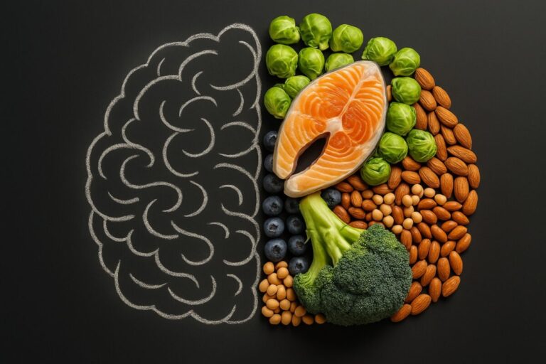 Persona eligiendo alimentos saludables mientras reflexiona sobre su estado emocional