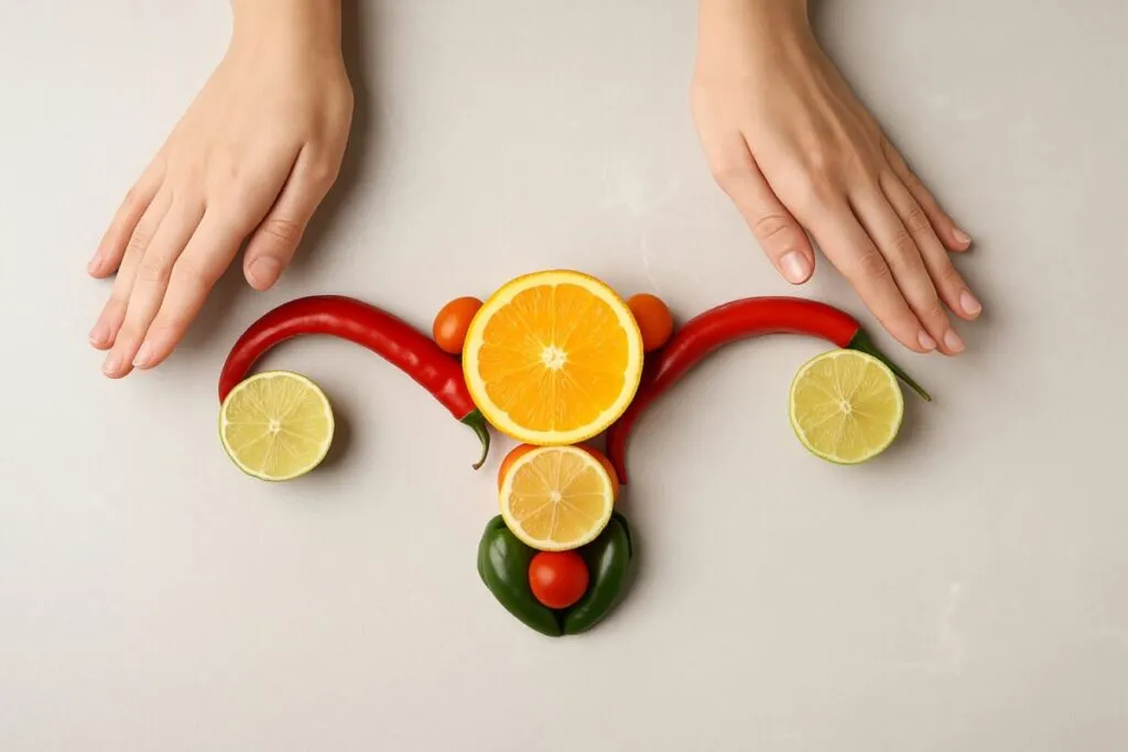 Frutas frescas como naranja, limón y chile forman un útero estilizado para ilustrar la nutrición hormonal