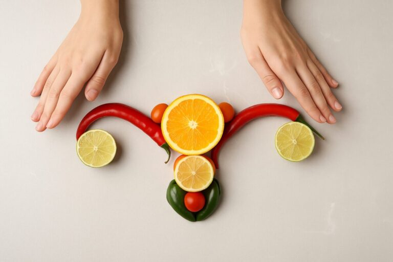Frutas frescas como naranja, limón y chile forman un útero estilizado para ilustrar la nutrición hormonal