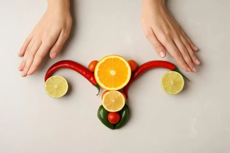 Frutas frescas como naranja, limón y chile forman un útero estilizado para ilustrar la nutrición hormonal