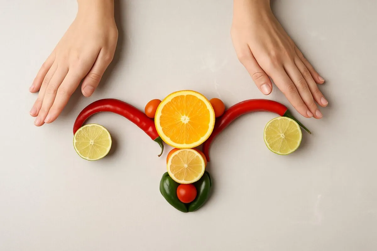 Frutas frescas como naranja, limón y chile forman un útero estilizado para ilustrar la nutrición hormonal