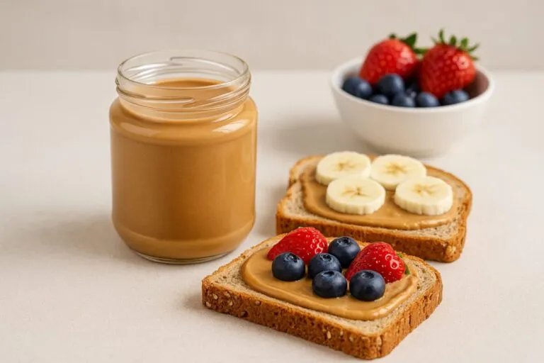 Tarro de crema de frutos secos sin aditivos sobre pan integral con fruta fresca