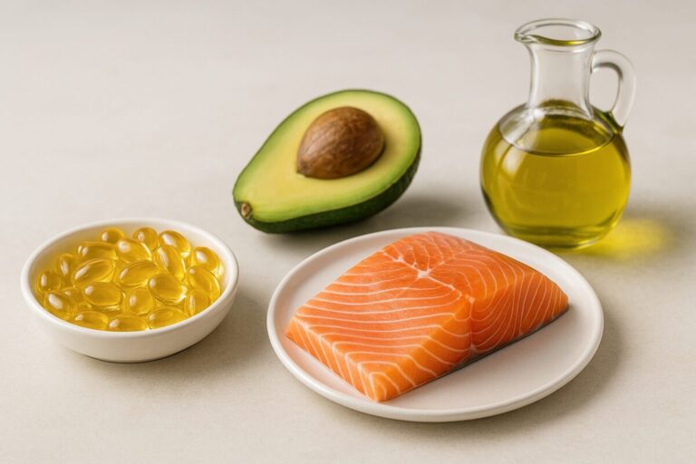 Suplemento de omega-3 junto a una comida rica en grasas saludables como aguacate y salmón
