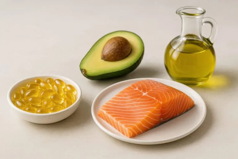 Suplemento de omega-3 junto a una comida rica en grasas saludables como aguacate y salmón