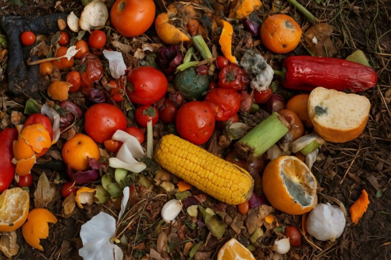 Frutas, verduras y pan en estado de descomposición representando el desperdicio de alimentos y su impacto ambiental