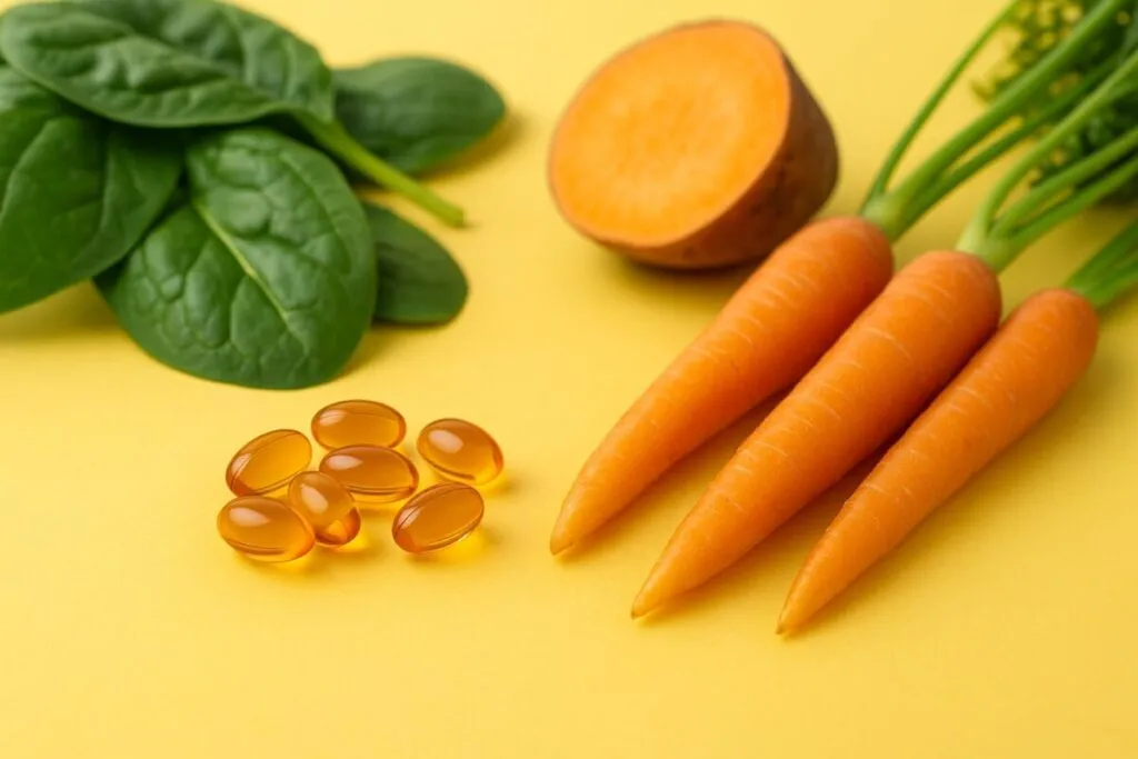 Cápsulas de vitamina A junto a zanahorias y vegetales que contienen vitamina A