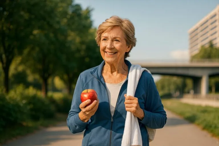 Persona mayor comiendo saludable y haciendo ejercicio, simbolizando un estilo de vida saludable que protege el cerebro