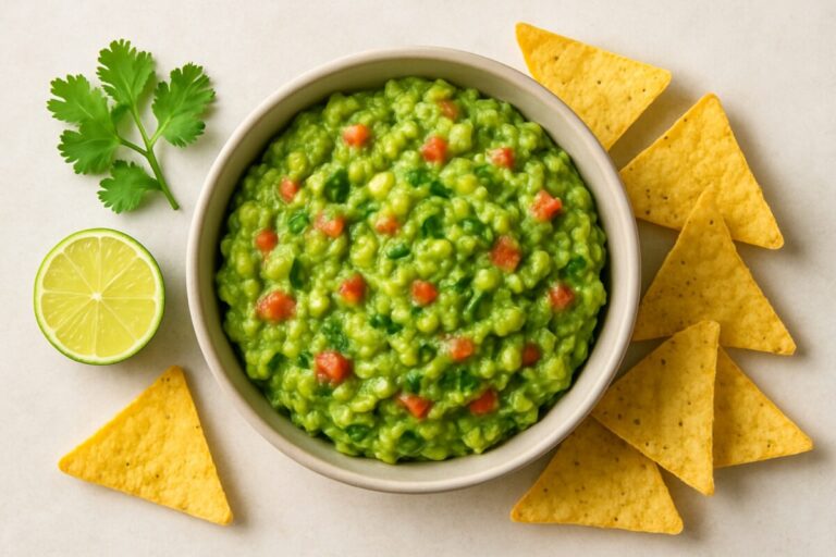 Tazón de guacamole mexicano saludable acompañado de totopos, limón y cilantro
