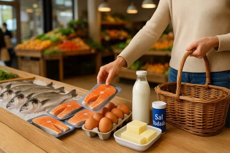 Alimentos saludables para la tiroides como pescados, huevos y sal yodada en mercado