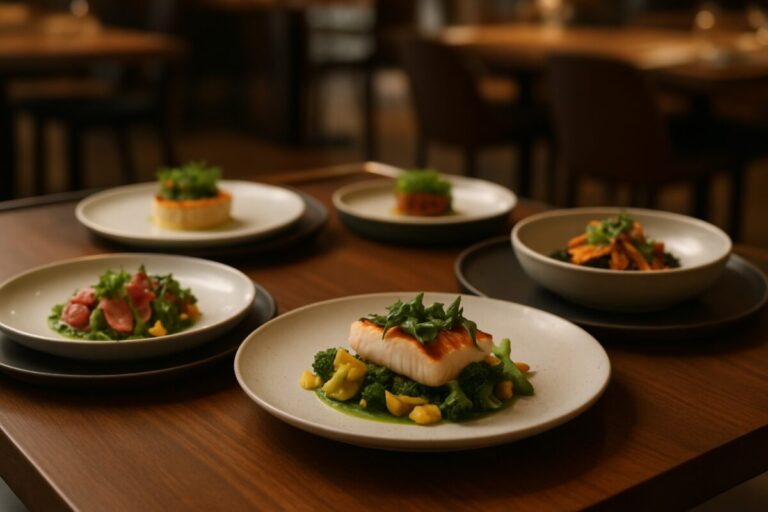Platos creativos y saludables servidos en un restaurante de alta cocina