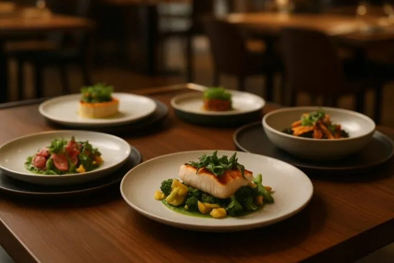 Platos creativos y saludables servidos en un restaurante de alta cocina