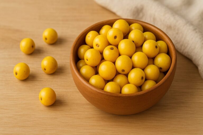 Fruta de nanche fresca sobre mesa de cocina, destacando sus beneficios digestivos y óseos