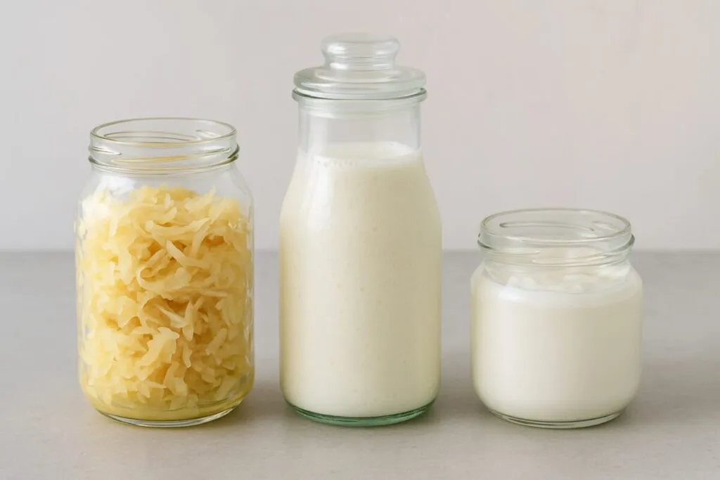 Frasco con chucrut y fermentados que benefician la flora intestinal