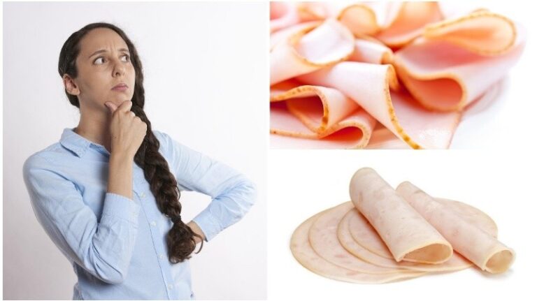 Rebanadas de jamón de pavo y jamón de pierna sobre tabla de cortar, para comparar sus diferencias