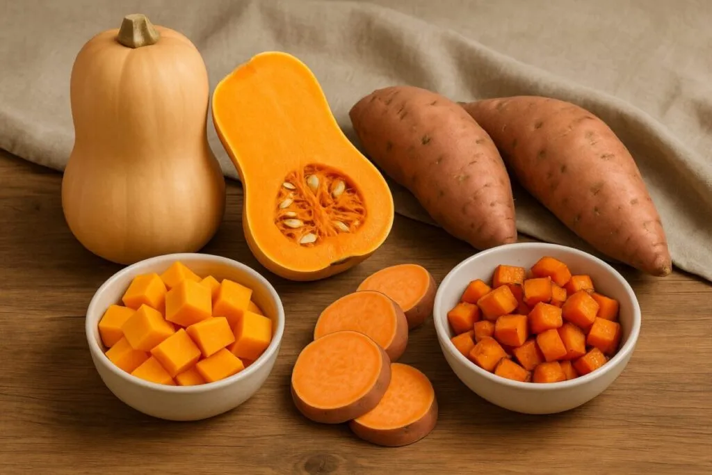 Comparación entre calabaza y boniato sobre tabla de madera, alimentos bajos en calorías y ricos en energía