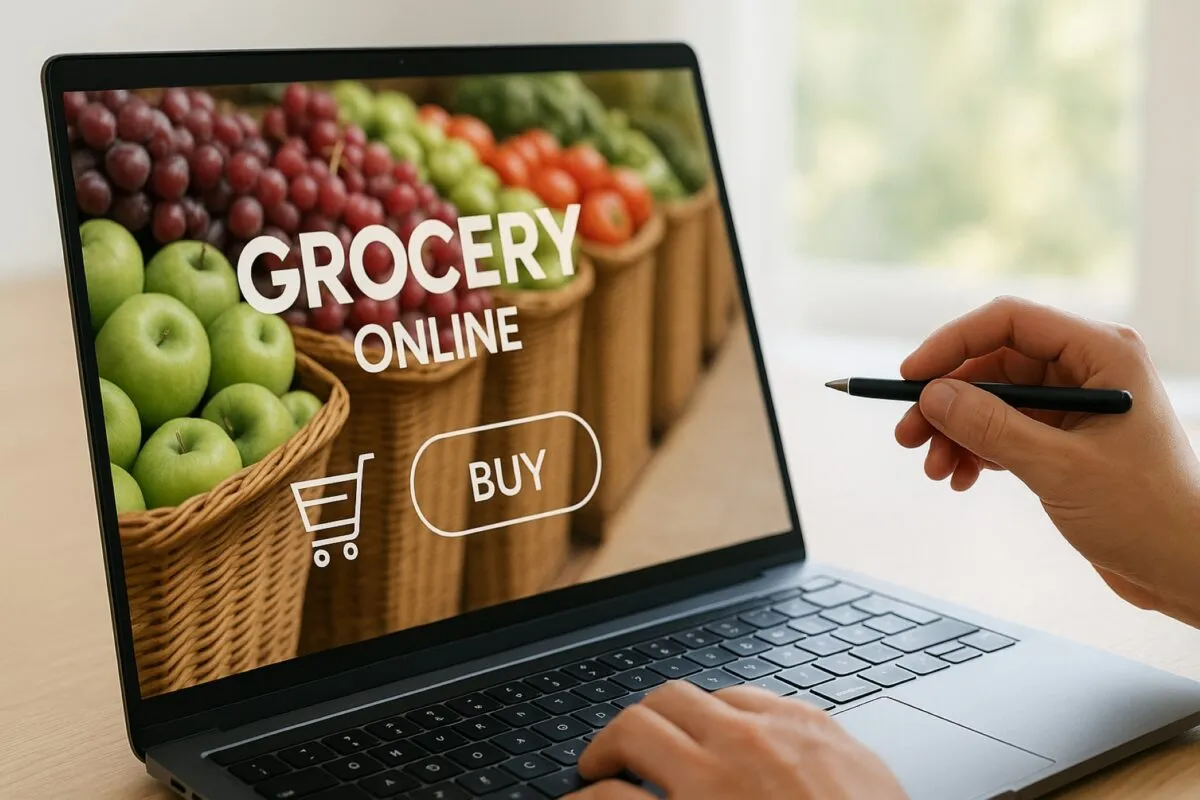 Persona comprando frutas y verduras online desde un portátil, con interfaz de tienda digital