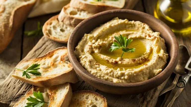 Porción de hummus saludable con vegetales frescos y tostadas integrales para una alimentación nutritiva