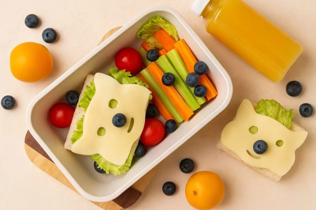 Niña mexicana con uniforme escolar revisa su lunchbox llena de alimentos saludables y coloridos