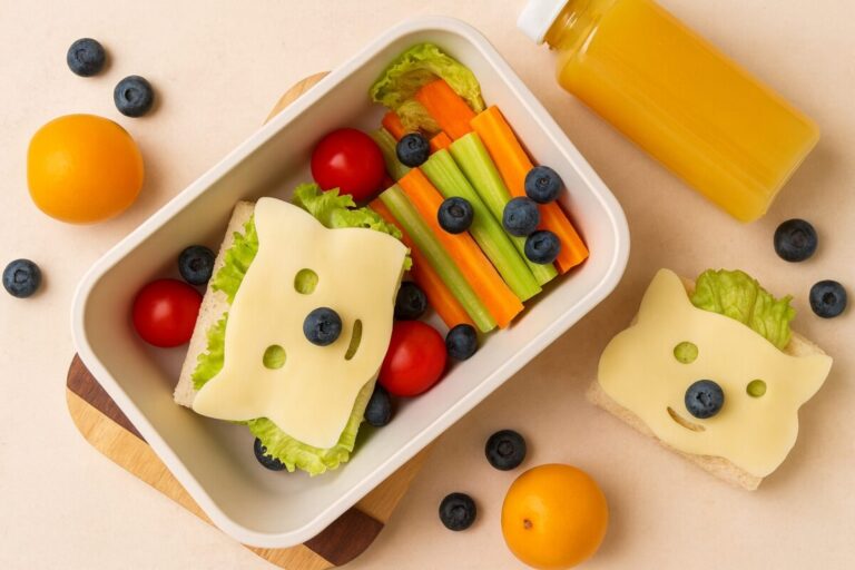Niña mexicana con uniforme escolar revisa su lunchbox llena de alimentos saludables y coloridos
