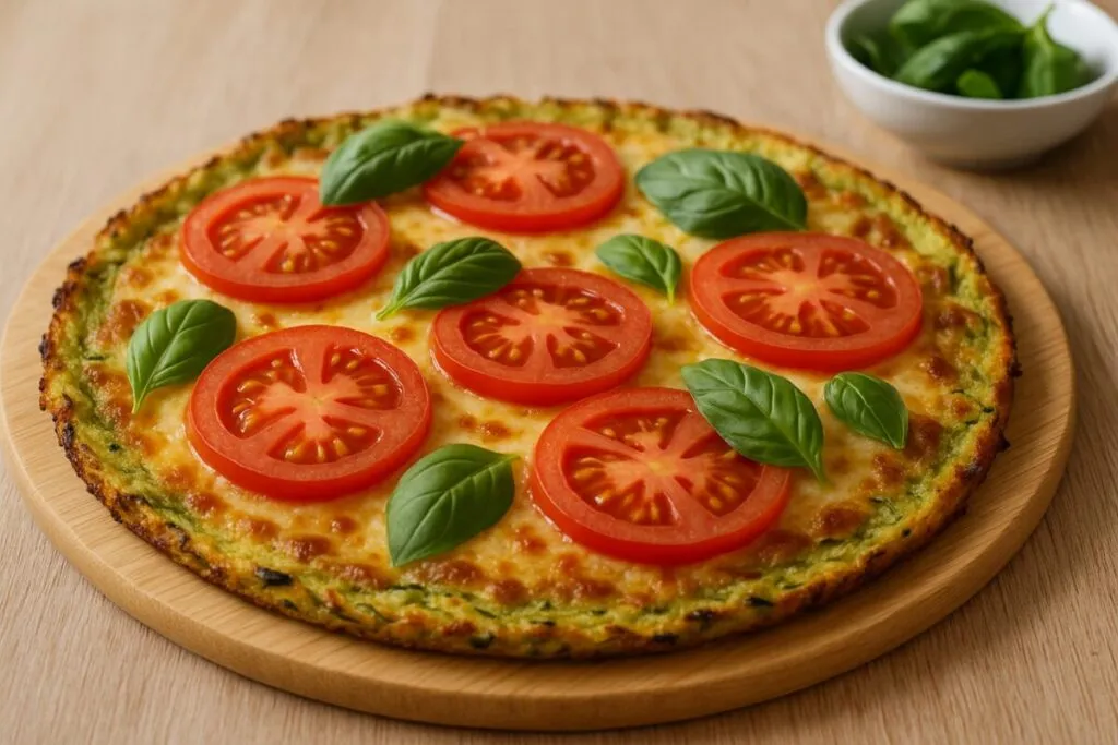 Pizza con base de calabacín sobre mesa rústica, sin harina, rica en fibra y saludable