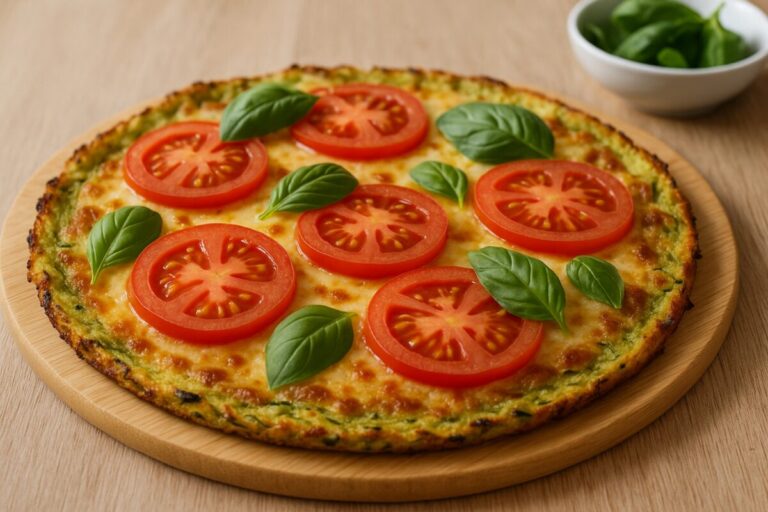 Pizza con base de calabacín sobre mesa rústica, sin harina, rica en fibra y saludable