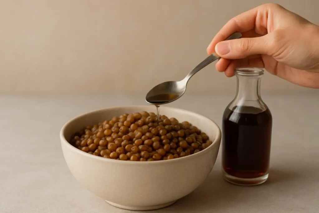 Plato de lentejas cocidas con vinagre, que mejora la absorción del hierro vegetal