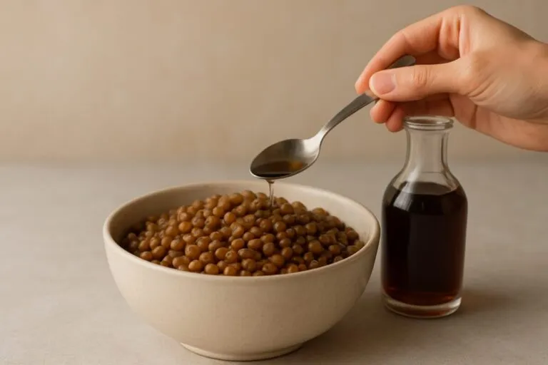 Plato de lentejas cocidas con vinagre, que mejora la absorción del hierro vegetal